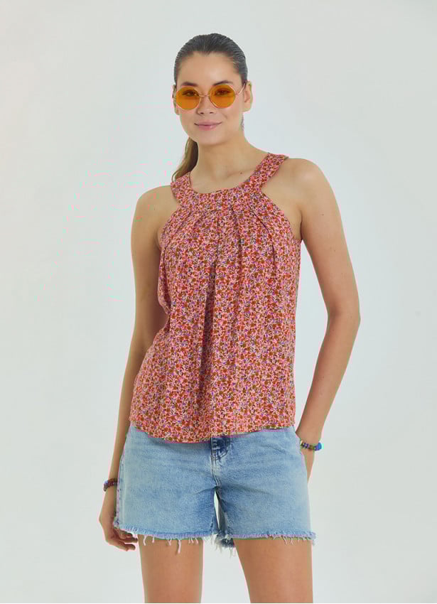 Halter Neck Button Detail Pleated Pink Floral Blouse 4675